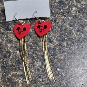 Disney Red Heart Mickey Mouse Earrings with Dangling Gold Fringe